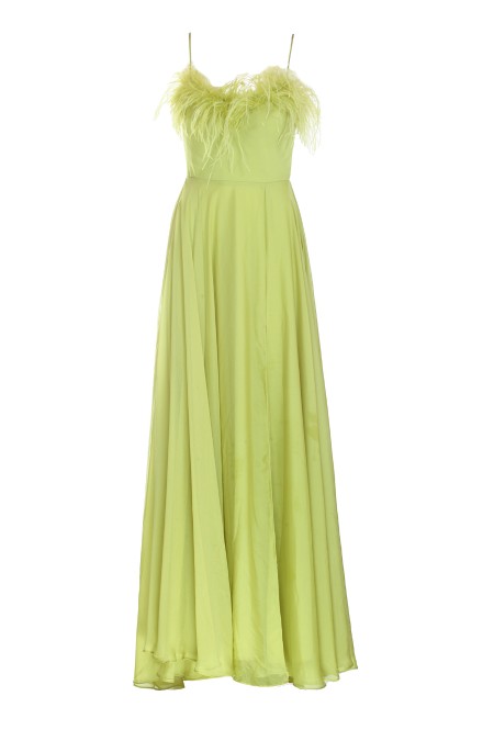 Shop FOREVER UNIQUE  Dress: Forever Unique long dress.
Shoulder pads.
Sleeveless.
Neckline with feathers.
Back zip closure.
Composition: 100% polyester.
Made in Turkey.. GEORGIA 8382-LIME